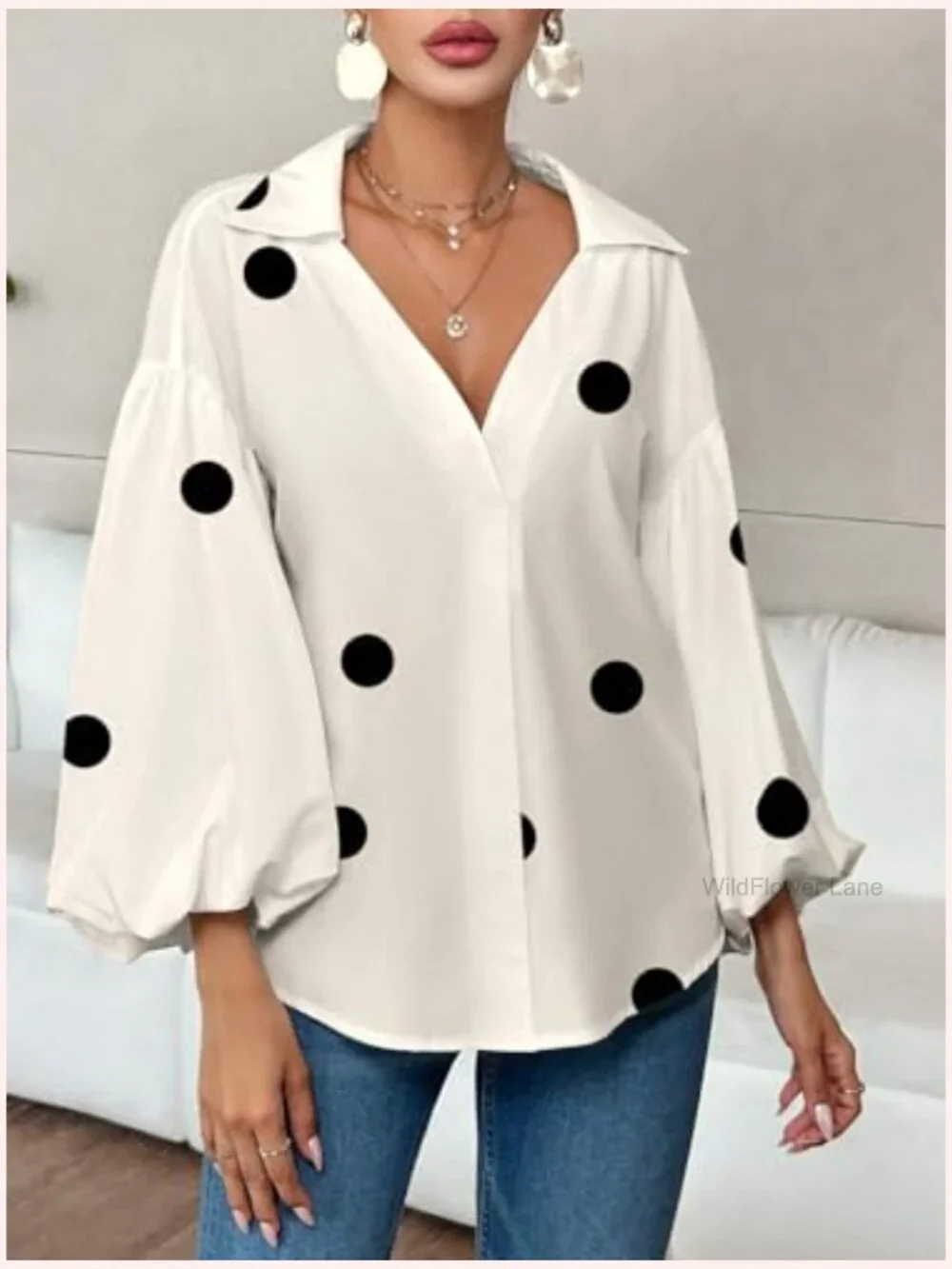 V Neck Loose Blouse Long Puff Sleeve Shirt Polka Dots Print Tops - Picture 2 of 3